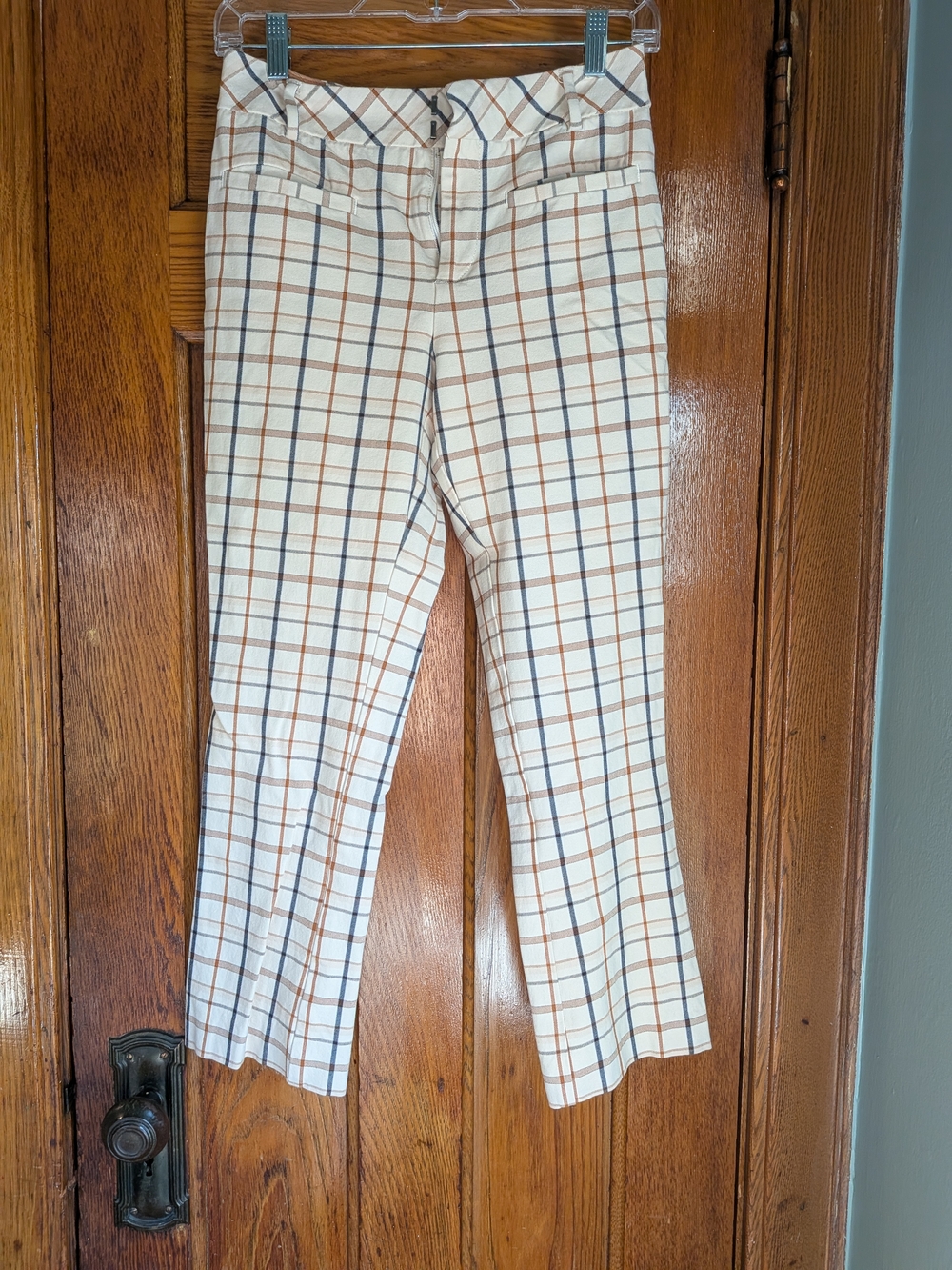 Anthropologie Cream Plaid Pants with Tan & Blue Accents